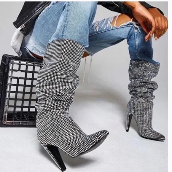 Steve‎ Madden ‘Crushing’ Rhinestone Slouchy Heeled Boots - Picture 3 of 15